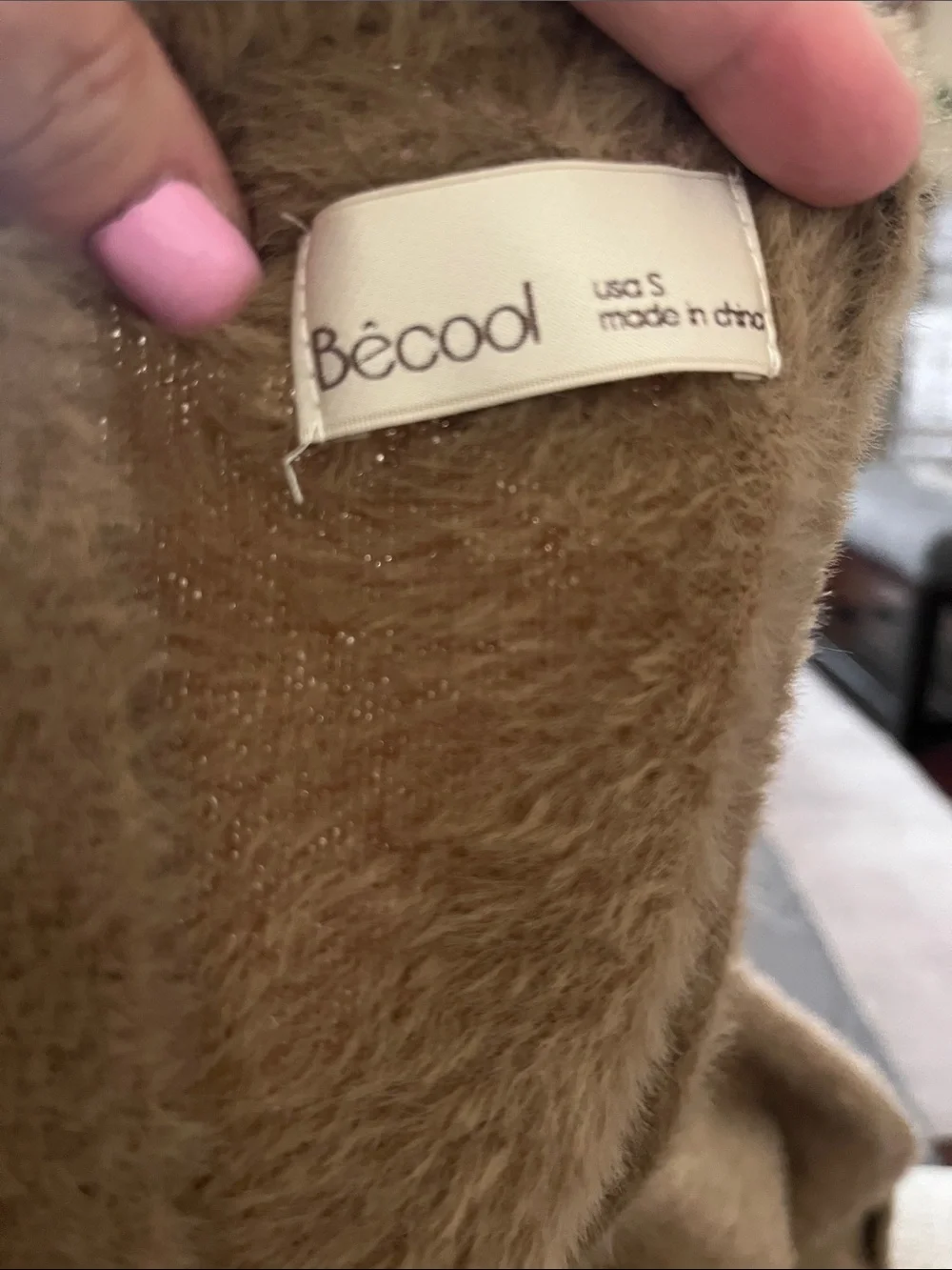 Bécool Fuzzy Open-Front Cardigan in Camel